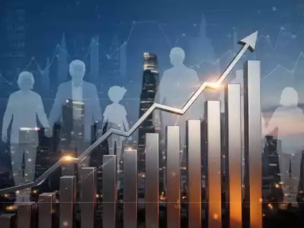 Eine stilisierte Grafik mit einem steigenden Balken- oder Liniendiagramm und Silhouetten von Menschen vor einer Stadtkulisse. - Foto: über boerse-global.de