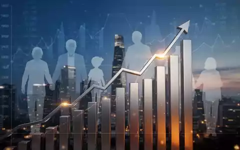 Eine stilisierte Grafik mit einem steigenden Balken- oder Liniendiagramm und Silhouetten von Menschen vor einer Stadtkulisse. - Foto: über boerse-global.de