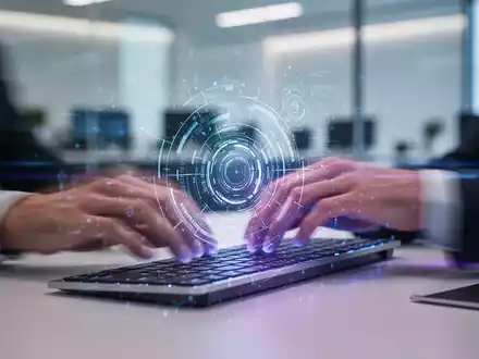 Hände tippen auf einer Tastatur, überlagert von einem leuchtenden digitalen Interface, das Ablenkung und Technologie symbolisiert. - Foto: über boerse-global.de