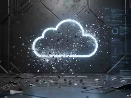 Ein stilisiertes, leuchtendes Cloud-Symbol löst sich in digitale Fragmente auf, über einem dunklen, metallischen Hintergrund. - Foto: über boerse-global.de