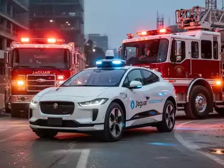 Ein Waymo-Robotaxi, ein weißer Jaguar I-Pace, hält in einer Baustelle mit blinkenden Warnlichtern und blockiert teilweise ein Feuerwehrauto. - Foto: über boerse-global.de