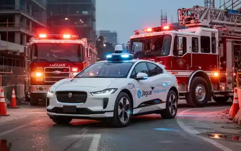 Ein Waymo-Robotaxi, ein weißer Jaguar I-Pace, hält in einer Baustelle mit blinkenden Warnlichtern und blockiert teilweise ein Feuerwehrauto. - Foto: über boerse-global.de