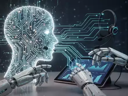 Leuchtende, abstrakte KI-Gehirnsilhouette, verbunden mit Roboterhänden, die mit einem Kundendienst-Headset und Finanzdaten interagieren. - Foto: über boerse-global.de