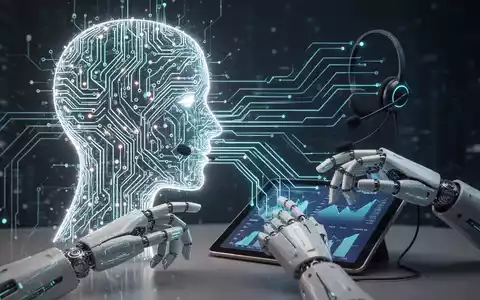 Leuchtende, abstrakte KI-Gehirnsilhouette, verbunden mit Roboterhänden, die mit einem Kundendienst-Headset und Finanzdaten interagieren. - Foto: über boerse-global.de