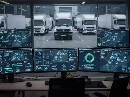 Eine moderne Flottenmanagement-Zentrale mit Bildschirmen, die Fahrzeugdaten und Logistik anzeigen, im Hintergrund eine LKW-Flotte. - Foto: über boerse-global.de