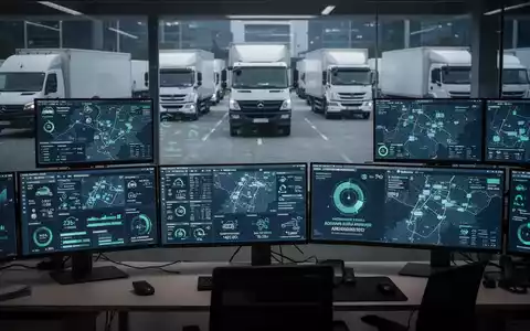 Eine moderne Flottenmanagement-Zentrale mit Bildschirmen, die Fahrzeugdaten und Logistik anzeigen, im Hintergrund eine LKW-Flotte. - Foto: über boerse-global.de