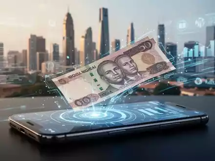 Nigerianischer Naira-Schein auf Smartphone-Bildschirm, digitaler Geldtransfer, verschwommene afrikanische Stadt und Banking-Oberflächen im Hintergrund. - Foto: über boerse-global.de
