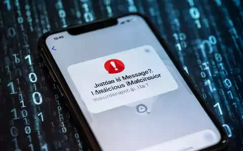 Ein Smartphone-Bildschirm zeigt eine Warnmeldung über eine schädliche iMessage, mit verschwommenem Hintergrund aus Binärcode. - Foto: über boerse-global.de