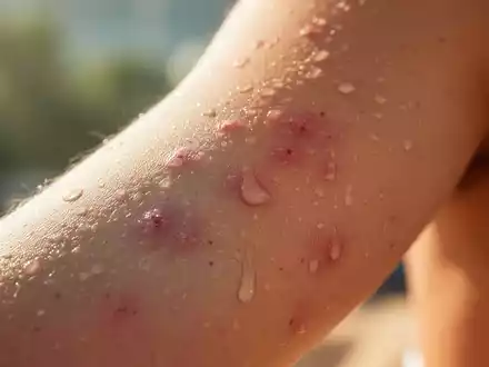 Nahaufnahme von geröteter und leicht irritierter Haut an einem Arm oder Bein, beleuchtet von sanftem Sonnenlicht, das Sommerhautprobleme andeutet. - Foto: über boerse-global.de