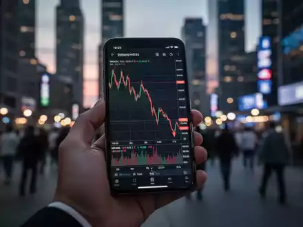 Eine Hand hält ein Smartphone mit einem fallenden Aktienkurs, im Hintergrund eine verschwommene Finanzszene bei Dämmerung. - Foto: über boerse-global.de