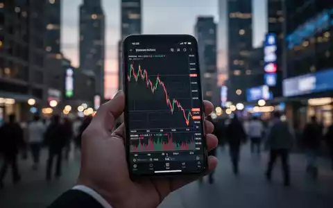 Eine Hand hält ein Smartphone mit einem fallenden Aktienkurs, im Hintergrund eine verschwommene Finanzszene bei Dämmerung. - Foto: über boerse-global.de