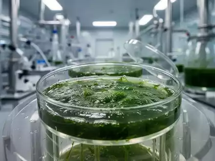 Nahaufnahme von leuchtend grünen Mikroalgen in einer Petrischale oder einem Bioreaktor, mit verschwommenem Laborhintergrund. - Foto: über boerse-global.de