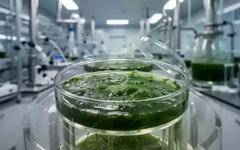 Nahaufnahme von leuchtend grünen Mikroalgen in einer Petrischale oder einem Bioreaktor, mit verschwommenem Laborhintergrund. - Foto: über boerse-global.de