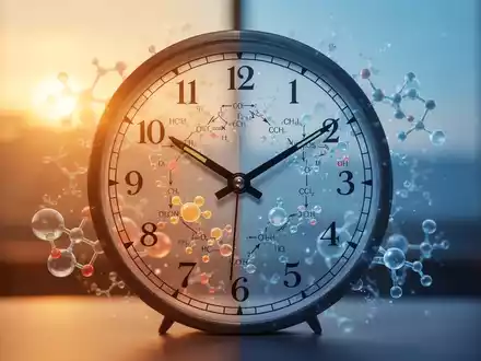 Eine stilisierte Uhr zeigt 8:00 und 16:00 Uhr, überlagert von abstrakten Stoffwechselwegen und Lipidmolekülen. Hintergrund mit Morgen- und Abendlicht. - Foto: über boerse-global.de