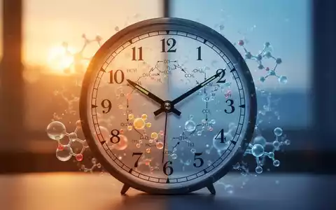 Eine stilisierte Uhr zeigt 8:00 und 16:00 Uhr, überlagert von abstrakten Stoffwechselwegen und Lipidmolekülen. Hintergrund mit Morgen- und Abendlicht. - Foto: über boerse-global.de