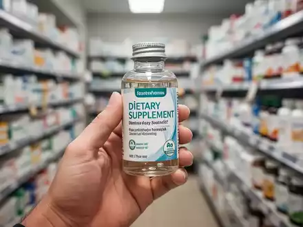 Eine Hand hält eine kleine Flasche eines flüssigen Nahrungsergänzungsmittels, im Hintergrund verschwommen ein Ladenregal. - Foto: über boerse-global.de