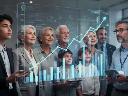 Eine vielfältige Gruppe von Menschen, die auf digitale Finanzdiagramme blicken, symbolisiert moderne Altersvorsorge und Investitionen. - Foto: über boerse-global.de
