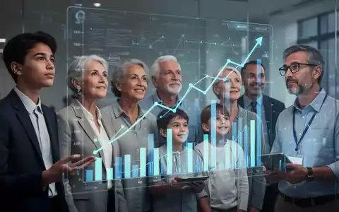 Eine vielfältige Gruppe von Menschen, die auf digitale Finanzdiagramme blicken, symbolisiert moderne Altersvorsorge und Investitionen. - Foto: über boerse-global.de