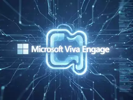 Stilisiertes, leuchtendes Microsoft Viva Engage-Logo, teilweise von digitalen Linien verdeckt, vor einem blauen Firmenhintergrund. - Foto: über boerse-global.de