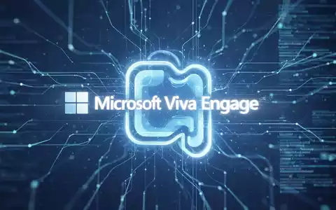 Stilisiertes, leuchtendes Microsoft Viva Engage-Logo, teilweise von digitalen Linien verdeckt, vor einem blauen Firmenhintergrund. - Foto: über boerse-global.de