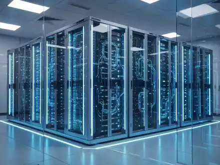 Server-Racks mit blauen Lichtern, die KI-Rechenzentren und Technologieinfrastruktur darstellen. - Foto: über boerse-global.de