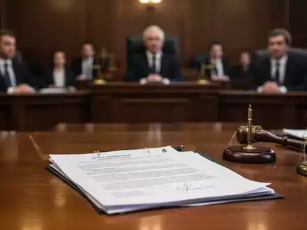 Nahaufnahme von juristischen Dokumenten auf einem Tisch in einem Gerichtssaal, mit unscharfen Anwaltsfiguren im Hintergrund. - Foto: über boerse-global.de