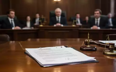 Nahaufnahme von juristischen Dokumenten auf einem Tisch in einem Gerichtssaal, mit unscharfen Anwaltsfiguren im Hintergrund. - Foto: über boerse-global.de