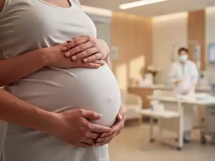 Hände einer schwangeren Frau, die ihren Babybauch streicheln, im Hintergrund ein modern eingerichteter Kreißsaal. - Foto: über boerse-global.de