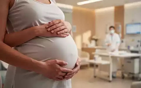 Hände einer schwangeren Frau, die ihren Babybauch streicheln, im Hintergrund ein modern eingerichteter Kreißsaal. - Foto: über boerse-global.de