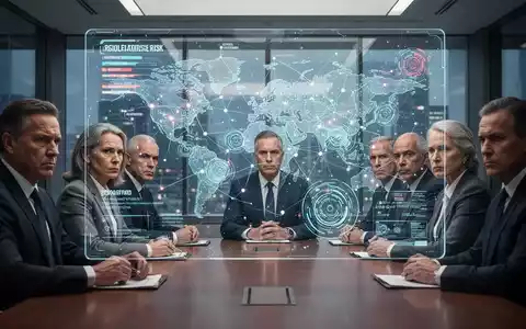Eine Gruppe von Führungskräften in einem modernen Besprechungsraum, die ein digitales Display mit geopolitischen Risiken und KI-Algorithmen betrachten. - Foto: über boerse-global.de