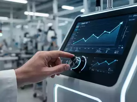 Eine Hand passt ein Einstellrad an einem modernen medizinischen Gerät an, mit unscharfem Hintergrund einer Produktionsanlage. - Foto: über boerse-global.de