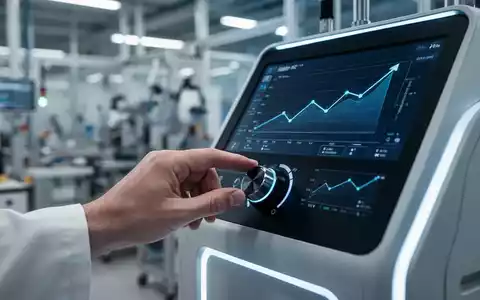 Eine Hand passt ein Einstellrad an einem modernen medizinischen Gerät an, mit unscharfem Hintergrund einer Produktionsanlage. - Foto: über boerse-global.de