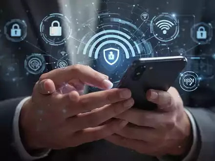 Hände halten ein Smartphone, im Hintergrund verschwommene digitale Sicherheitssymbole und Netzwerksignale, die SIM-Swap-Betrug darstellen. - Foto: über boerse-global.de