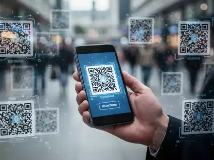 Eine Hand hält ein Smartphone, das einen QR-Code scannt. Im Hintergrund sind manipulierte QR-Codes zu sehen, die eine digitale Bedrohung darstellen. - Foto: über boerse-global.de