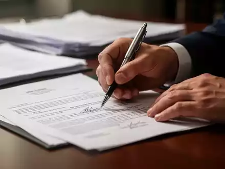 Nahaufnahme von Händen, die ein Dokument mit einem Stift unterschreiben, im Hintergrund verschwommene Rechtsdokumente auf einem Schreibtisch. - Foto: über boerse-global.de