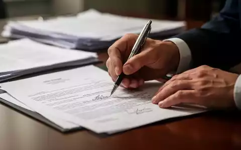 Nahaufnahme von Händen, die ein Dokument mit einem Stift unterschreiben, im Hintergrund verschwommene Rechtsdokumente auf einem Schreibtisch. - Foto: über boerse-global.de
