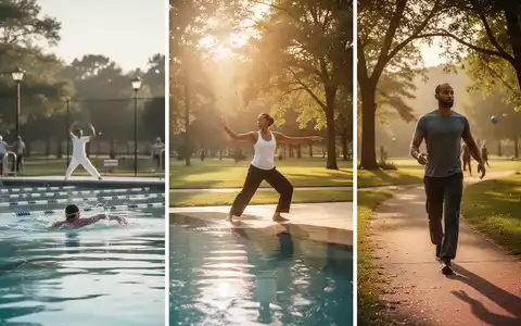 Eine Gruppe von Menschen, die verschiedene entspannende Aktivitäten ausüben: Schwimmen, Tai Chi und Gehen, umgeben von natürlichem Licht. - Foto: über boerse-global.de