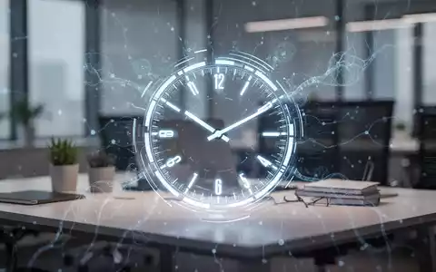 Eine stilisiert leuchtende digitale Uhr über einem modernen Bürotisch mit angedeuteten KI-Mustern, die Effizienz und Technologie symbolisiert. - Foto: über boerse-global.de