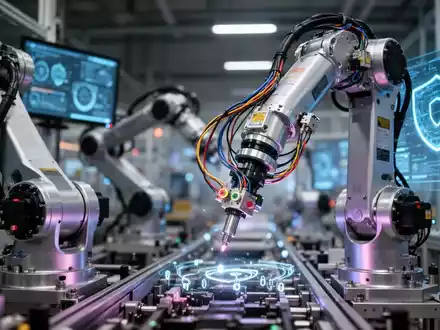 Ein Roboterarm in einer modernen Fabrik, umgeben von digitalen Elementen, symbolisiert Cybersicherheit in der Maschinenindustrie. - Foto: über boerse-global.de