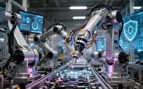 Ein Roboterarm in einer modernen Fabrik, umgeben von digitalen Elementen, symbolisiert Cybersicherheit in der Maschinenindustrie. - Foto: über boerse-global.de
