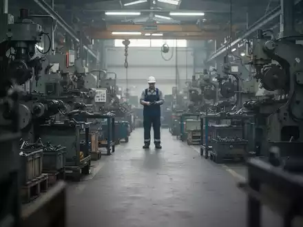 Ein unscharfes Bild eines Fabrikhallenbodens mit einem einzelnen Arbeiter im Hintergrund, das Investitionsrückgang und Stellenstreichungen symbolisiert. - Foto: über boerse-global.de