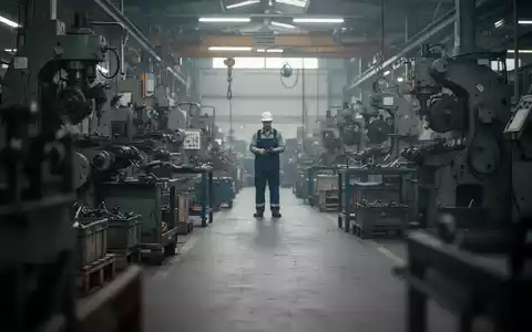 Ein unscharfes Bild eines Fabrikhallenbodens mit einem einzelnen Arbeiter im Hintergrund, das Investitionsrückgang und Stellenstreichungen symbolisiert. - Foto: über boerse-global.de