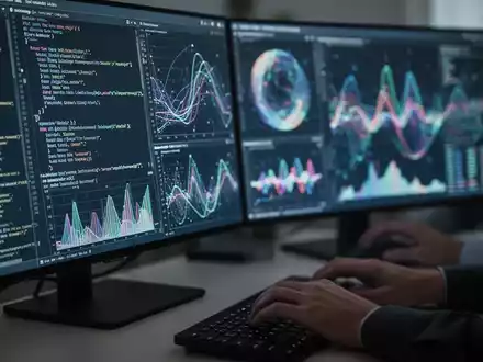 Nahaufnahme eines Computerbildschirms mit Codezeilen und abstrakten Datenvisualisierungen, im Hintergrund tippt jemand auf einer Tastatur. - Foto: über boerse-global.de