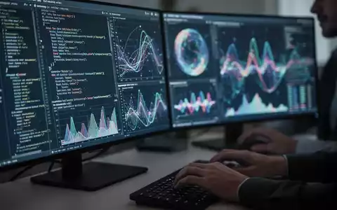 Nahaufnahme eines Computerbildschirms mit Codezeilen und abstrakten Datenvisualisierungen, im Hintergrund tippt jemand auf einer Tastatur. - Foto: über boerse-global.de