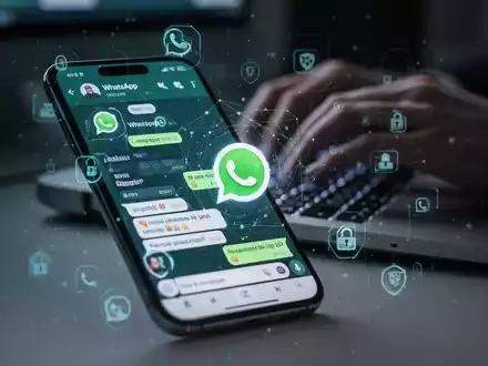 Nahaufnahme eines Smartphones mit WhatsApp-Chat-Oberfläche und digitalen Sicherheitssymbolen, die neue Funktionen und behördliche Prüfung andeuten. - Foto: über boerse-global.de