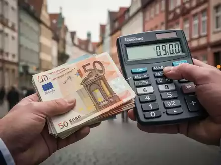 Eine Hand hält Euro-Banknoten, eine andere Hand einen Taschenrechner mit steigenden Zahlen vor einer verschwommenen Stadtszene. - Foto: über boerse-global.de