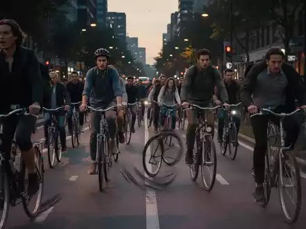 Ein überfüllter Radweg in der Stadt bei Dämmerung, der die angespannte Situation und egoistisches Verhalten im Straßenverkehr darstellt. - Foto: über boerse-global.de