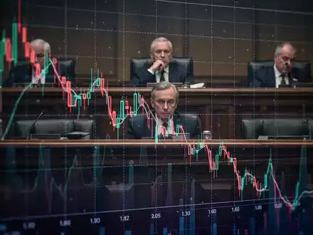 Abstrakte Darstellung fallender Finanzmarktdaten, im Hintergrund angedeutet ein Anhörungsraum. - Foto: über boerse-global.de