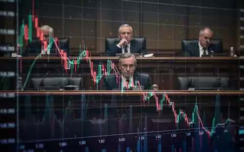 Abstrakte Darstellung fallender Finanzmarktdaten, im Hintergrund angedeutet ein Anhörungsraum. - Foto: über boerse-global.de