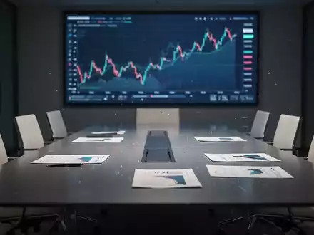 Ein moderner Konferenztisch mit Stühlen und einem digitalen Bildschirm im Hintergrund, der ein Finanzdiagramm zeigt. - Foto: über boerse-global.de